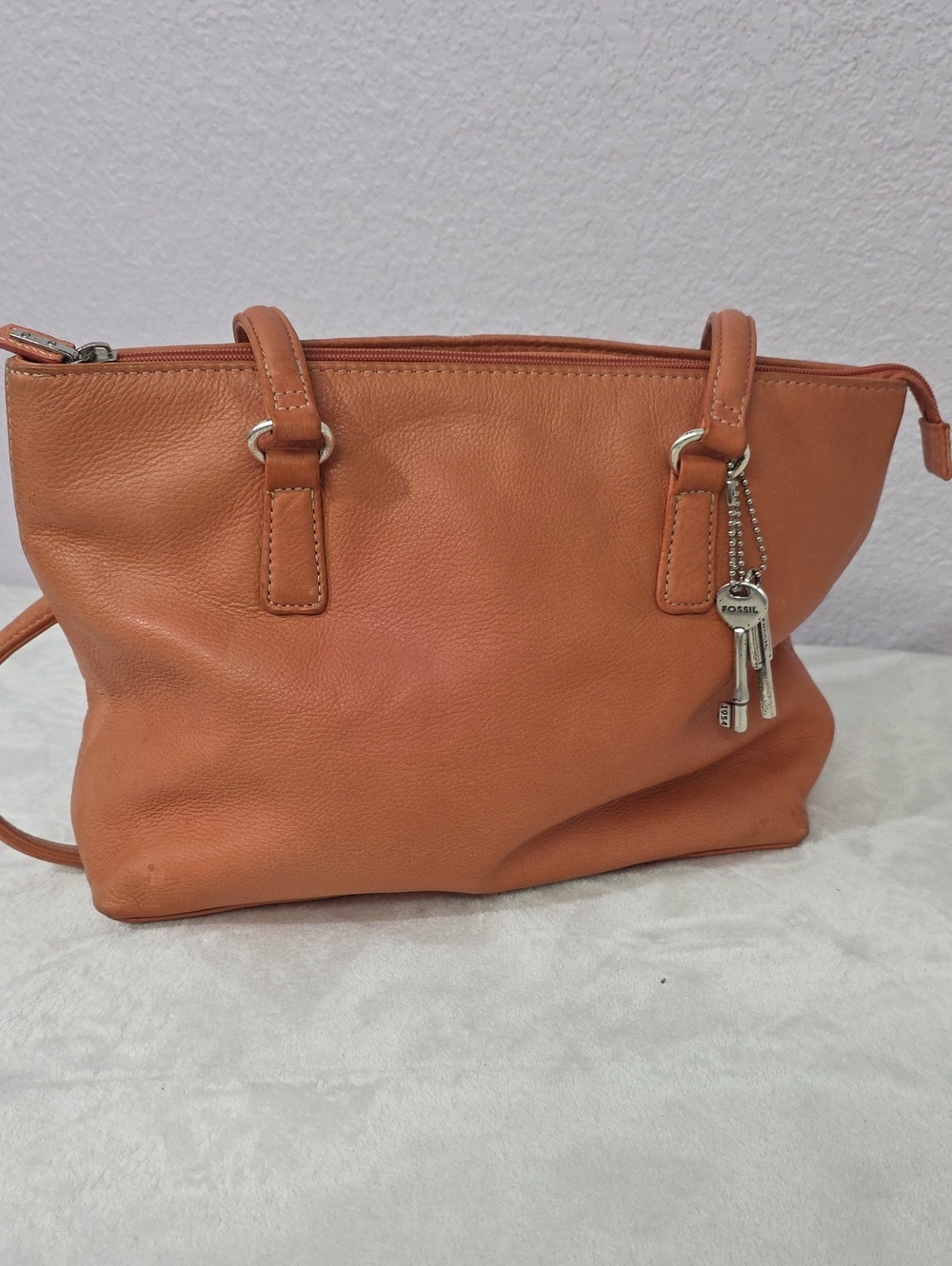 Fossil Shoulder Bag & Keys Coral Genuine Leather Large Handbag